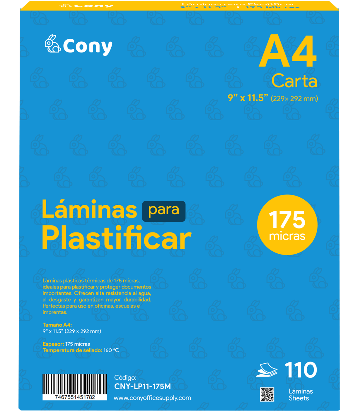 Láminas Plásticas Cony A4, 9” x 11.5” de 175 Micras para Plastificar, 110 pcs