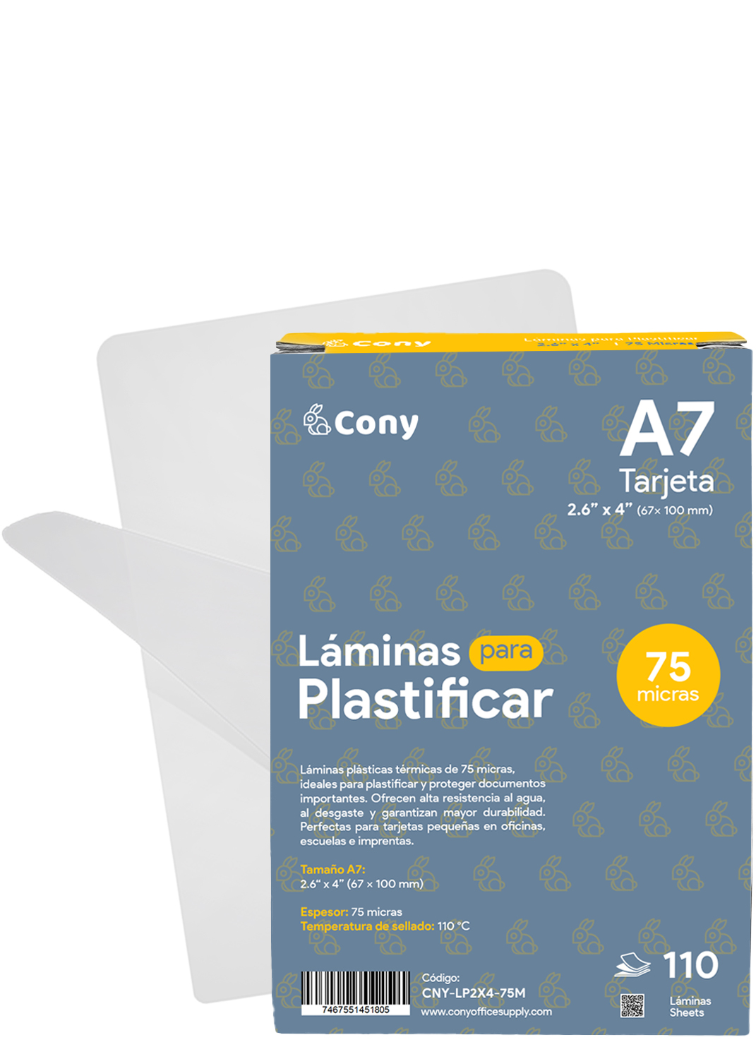 Láminas Plásticas Cony A7, 2.5” x 4” de 75 Micras para Plastificar Carnets, 110 pcs