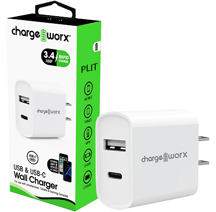 Cargador de Pared Dual USB + USB-C Chargeworx CX2605 para Celulares Iphone iOs, Android y Tablets Ipad, Blanco