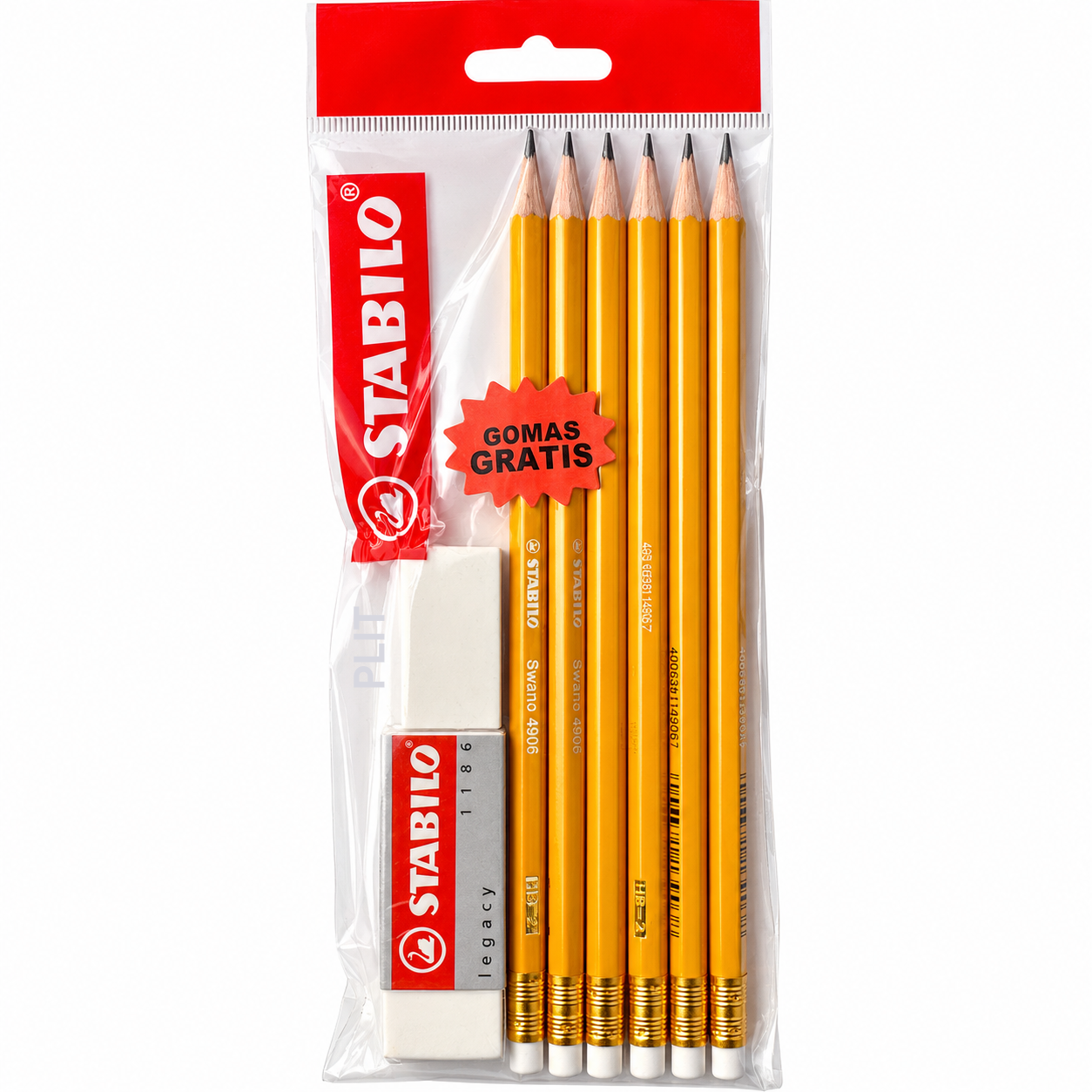 Set de Lápiz de Grafito HB Stabilo Swano 4905 + Goma de Borrar, 6 Lápices