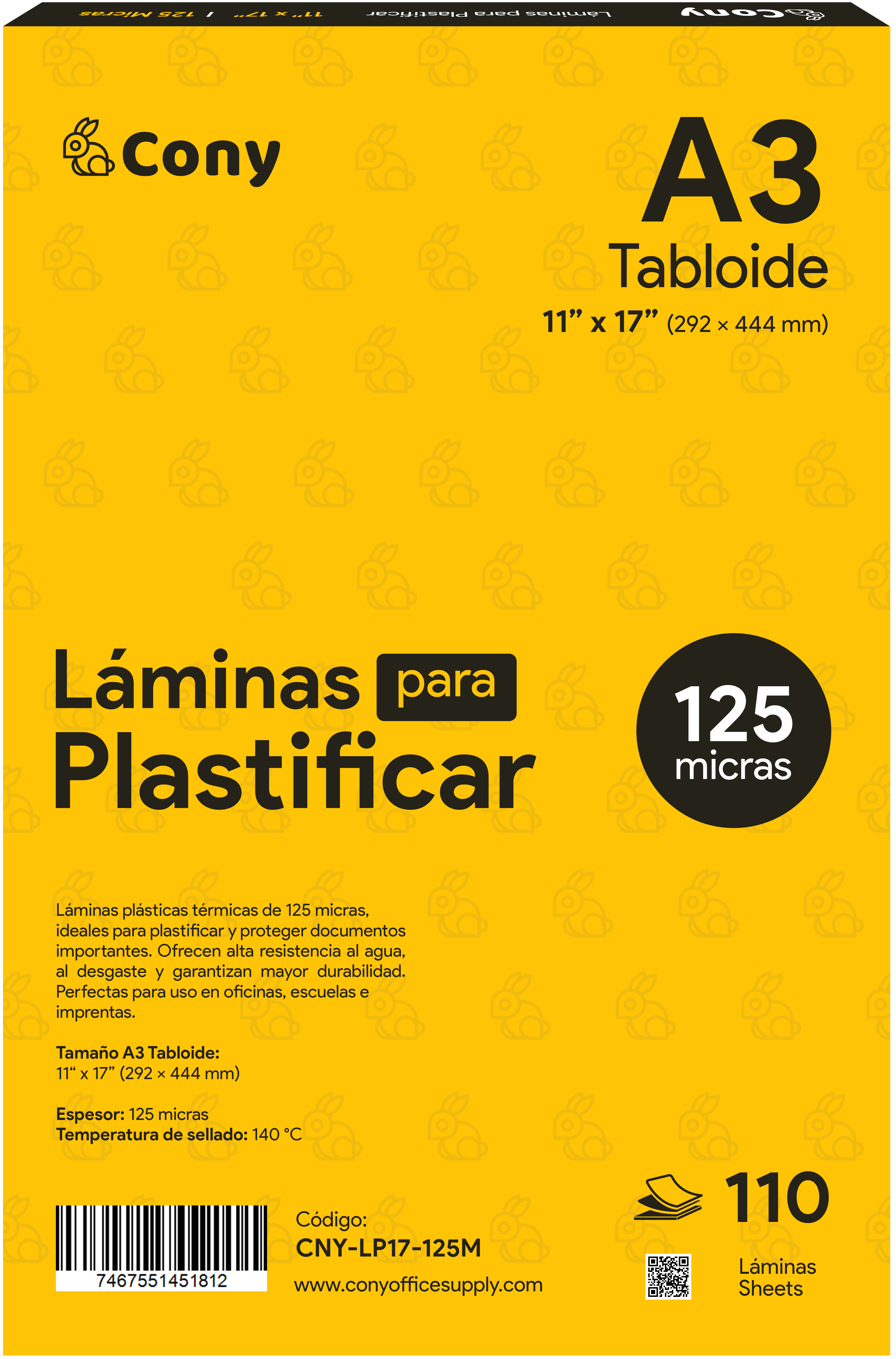 Láminas Plásticas para Plastificar Cony A3 Tabloide 11” x 17”, 125 Micras, 110 pcs