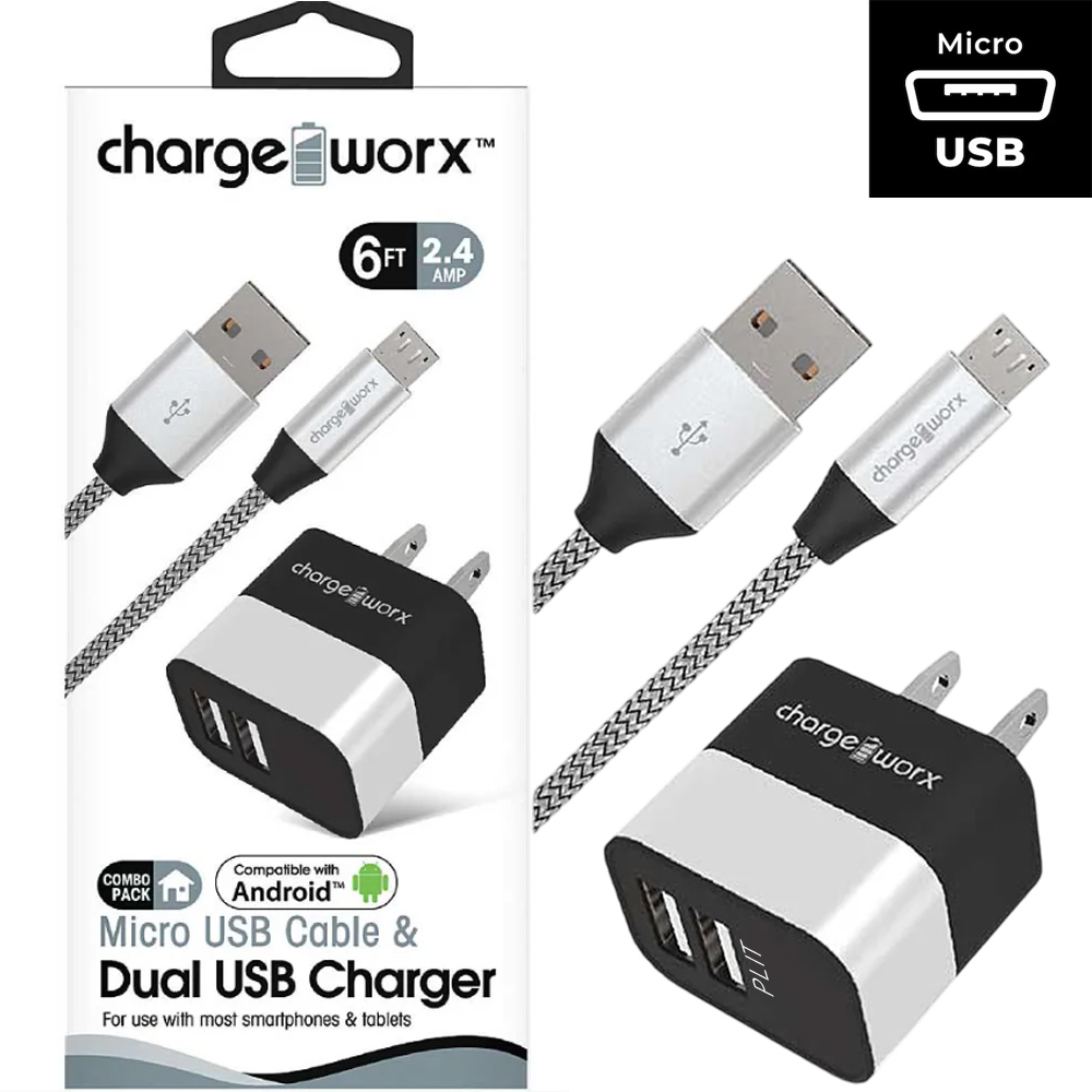 Cargador Dual USB de Pared + Cable Micro USB 2.4 Amp Chargeworx para Smartphones y Tablets, 6 pies