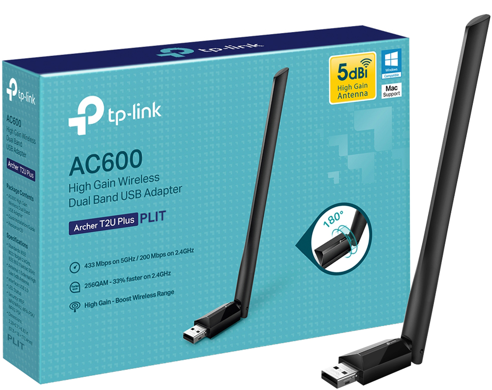 Adaptador USB Inalámbrico 5dBi TP-Link Archer T2U Plus AC600 Dual Band de Alta Ganancia