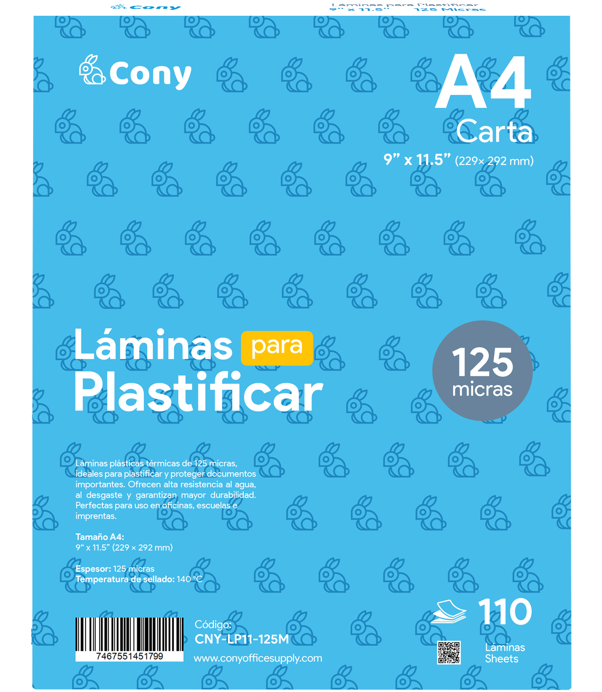 Láminas Plásticas Cony A4, 9” x 11.5” de 125 Micras para Plastificar, 110 pcs