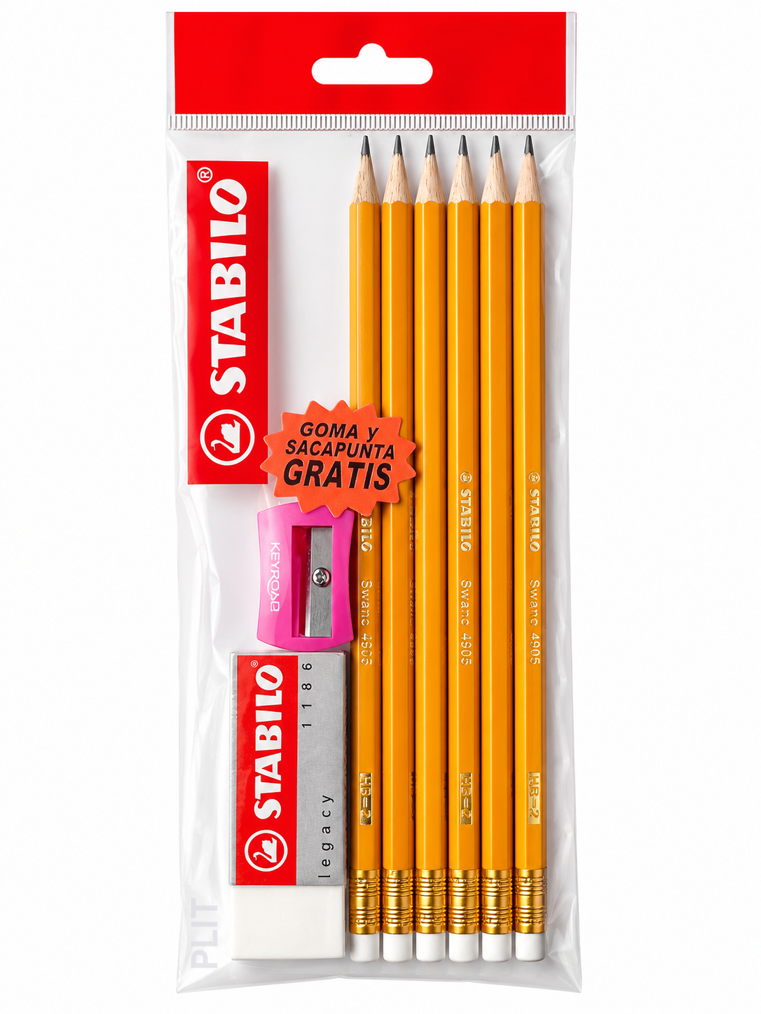 Set de Lápiz de Grafito HB Stabilo Swano 4905 + Goma de Borrar y Sacapunta Gratis