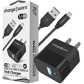 Cargador de Pared Dual USB + USB-C Chargeworx CX3224 con Cable de 6 pies para Celulares Iphone iOs, Android y Tablets Ipad, Negro