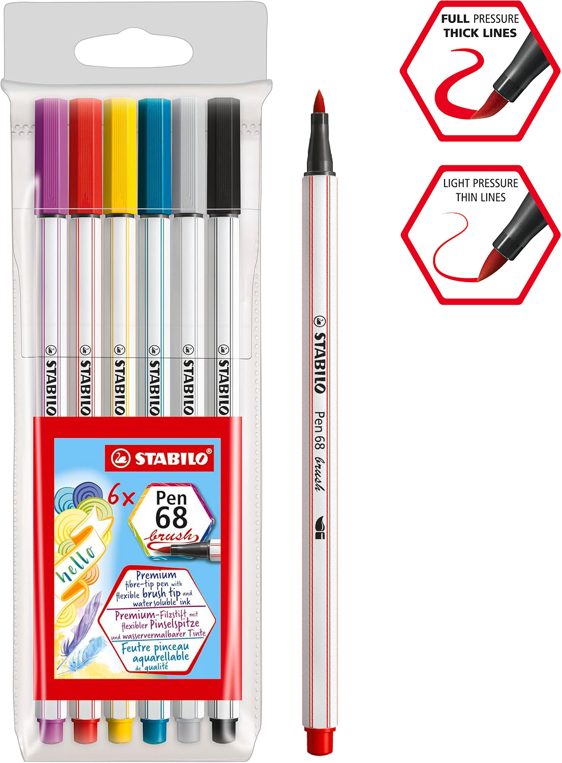 Marcador Rotulador con Punta de Pincel-Brocha STABILO Pen 68 Brush, 6 Colores